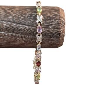 Garnet Peridot Amethyst & Blue Topaz 925 Sterling Vermeil Tennis Bracelet